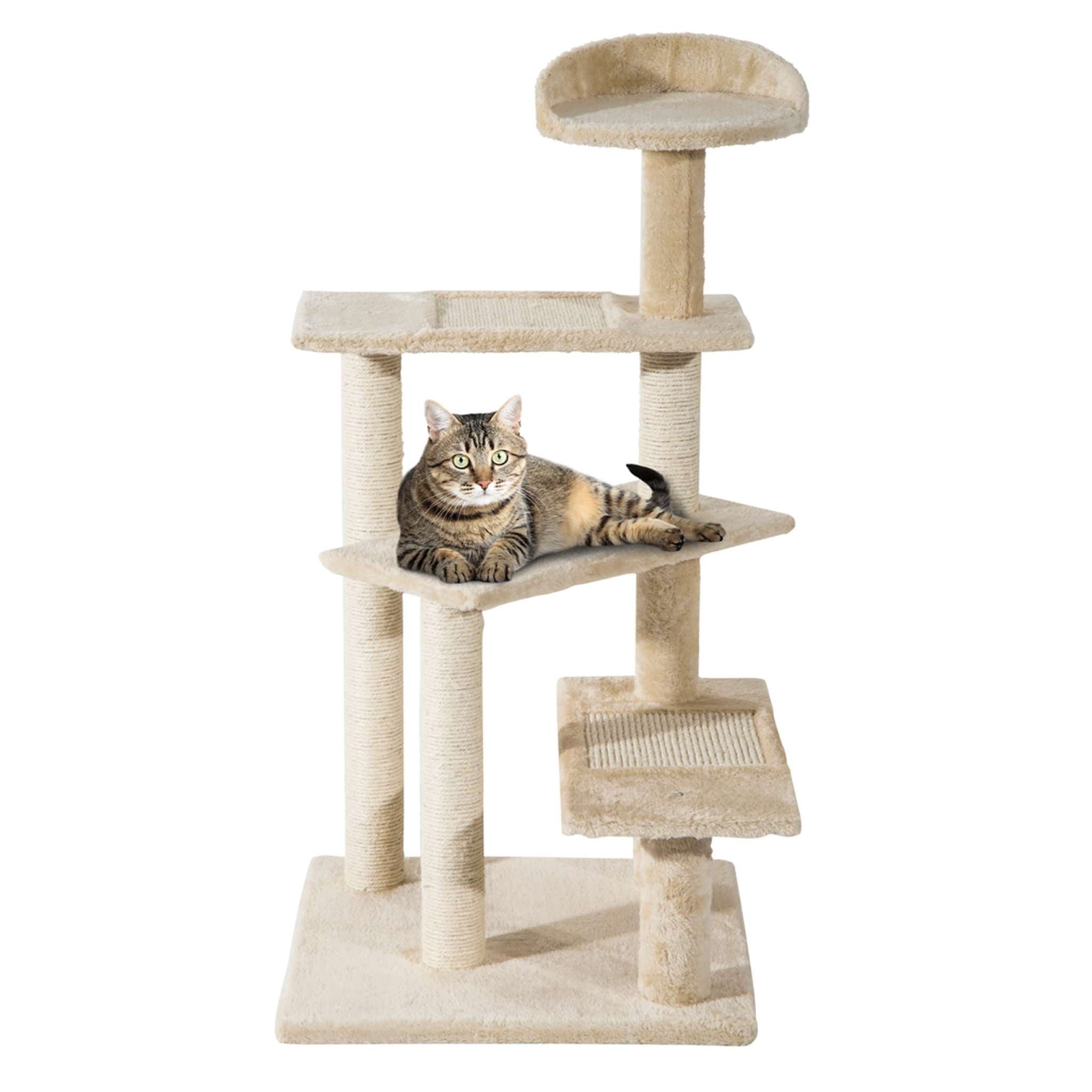 100cm tall cat tree tower beige plush fabric sisal rope