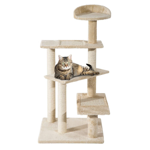 100cm tall cat tree tower beige plush fabric sisal rope
