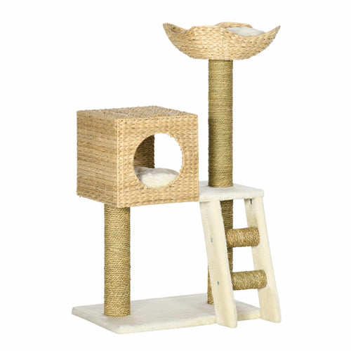 100cm tall cat tree tower cream plush fabric cattail weave