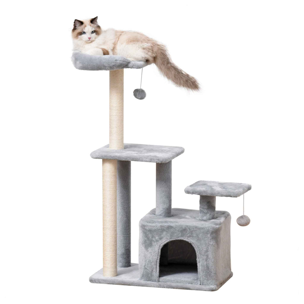 114cm tall grey cat tree with cat sleeping on perch