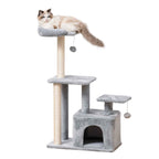 114cm tall grey cat tree with cat sleeping on perch