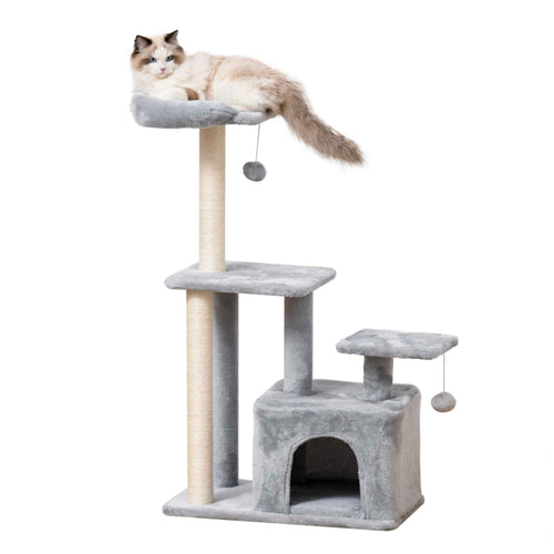 114cm tall grey cat tree with cat sleeping on perch