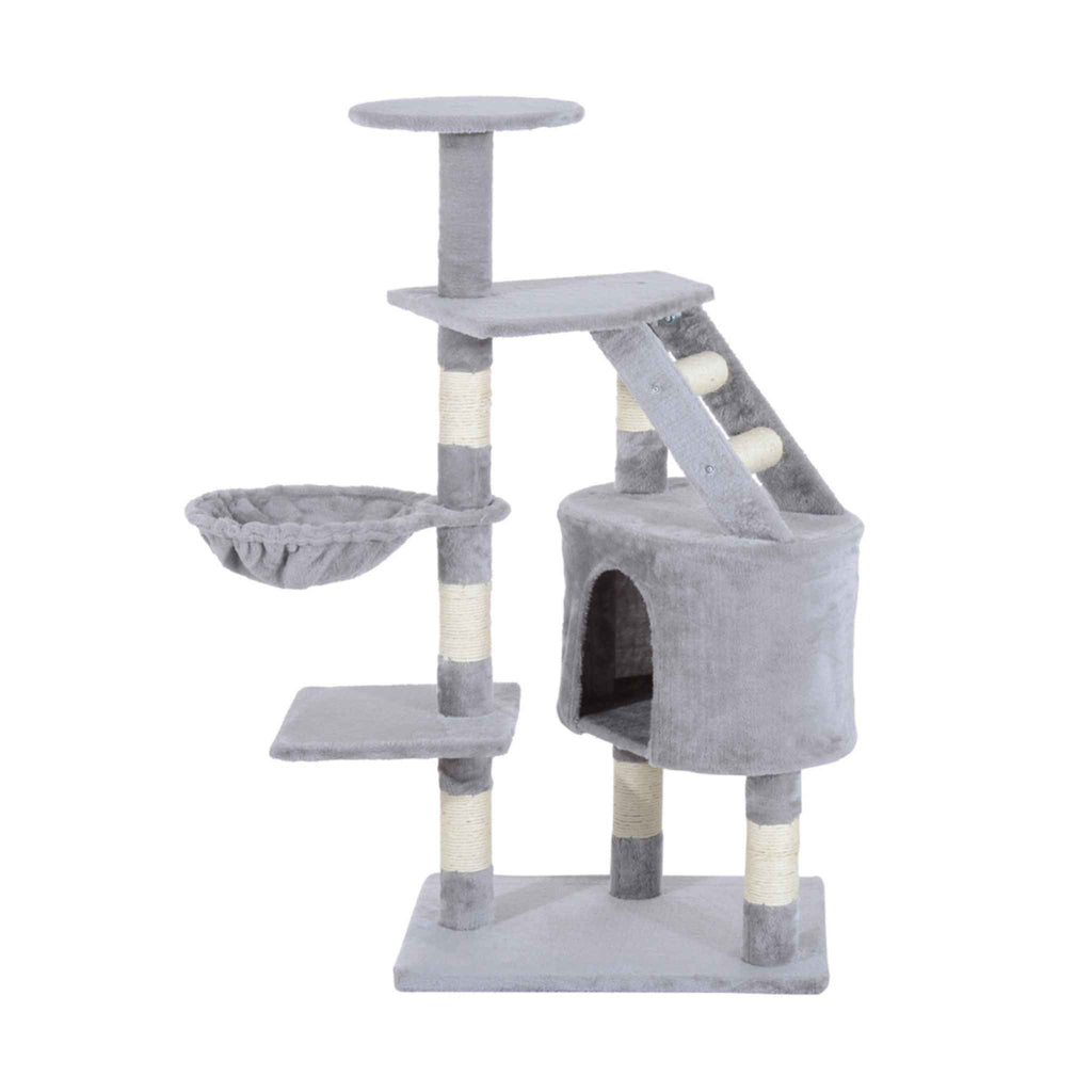 125cm tall cat tree with grey plush fabric and sisal rope posts