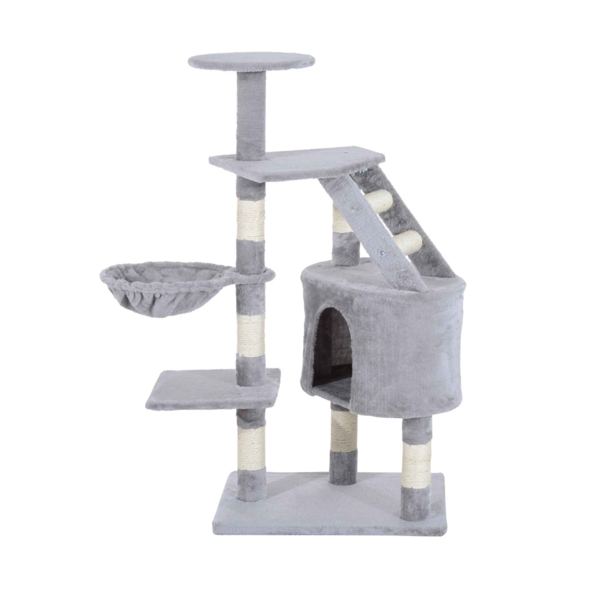 125cm tall cat tree with grey plush fabric and sisal rope posts