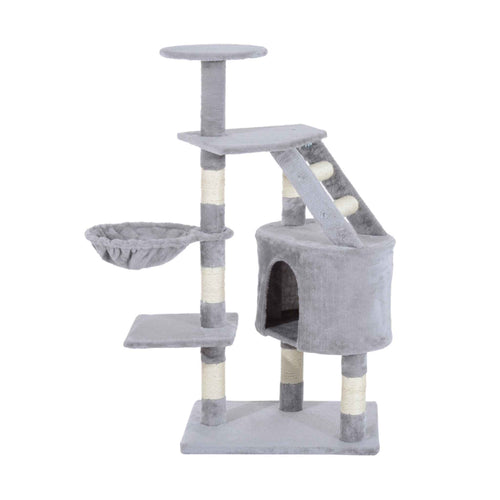 125cm tall cat tree with grey plush fabric and sisal rope posts