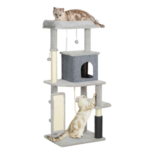 132cm tall cat tree tower light grey plush fabric sisal rope