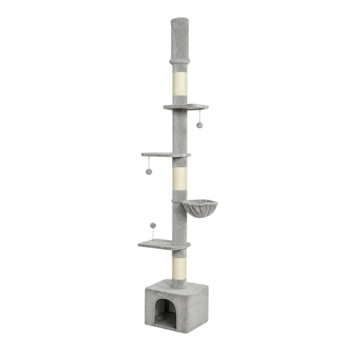 250cm tall grey fabric floor to ceiling cat tree