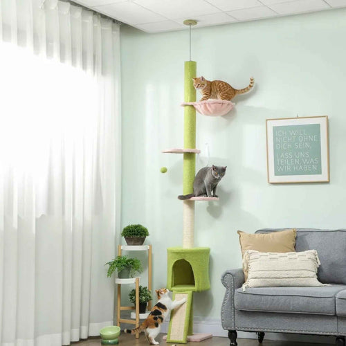 3 cats playing on floor to ceiling cat tree
