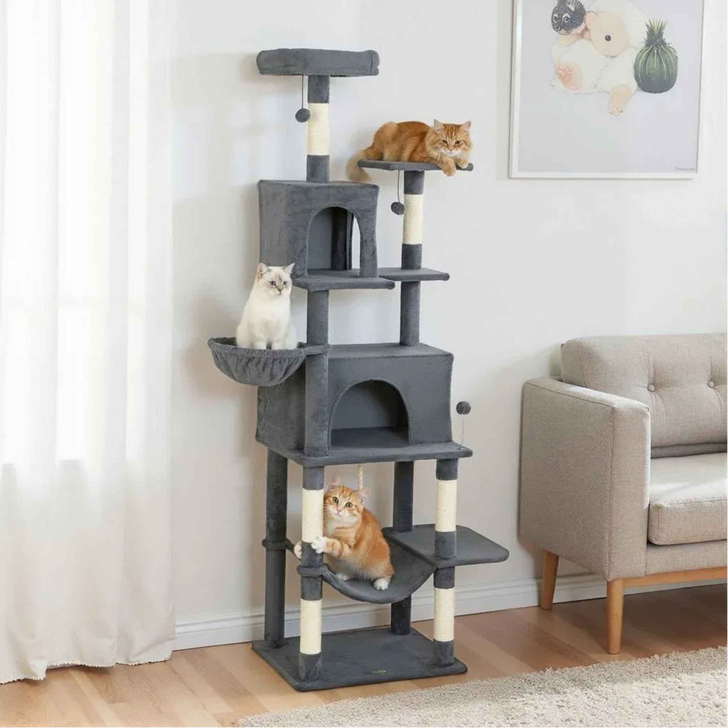 3 cats playing on large dark grey cat tree