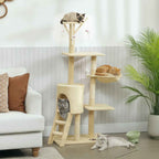 4 cats playing on beige fabric cat tree in living room