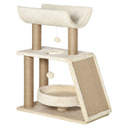 A multi-level cat tree with a cream-colored plush hammock, jute-wrapped scratching posts, a scratching panel, a circular cat bed, and dangling toy balls