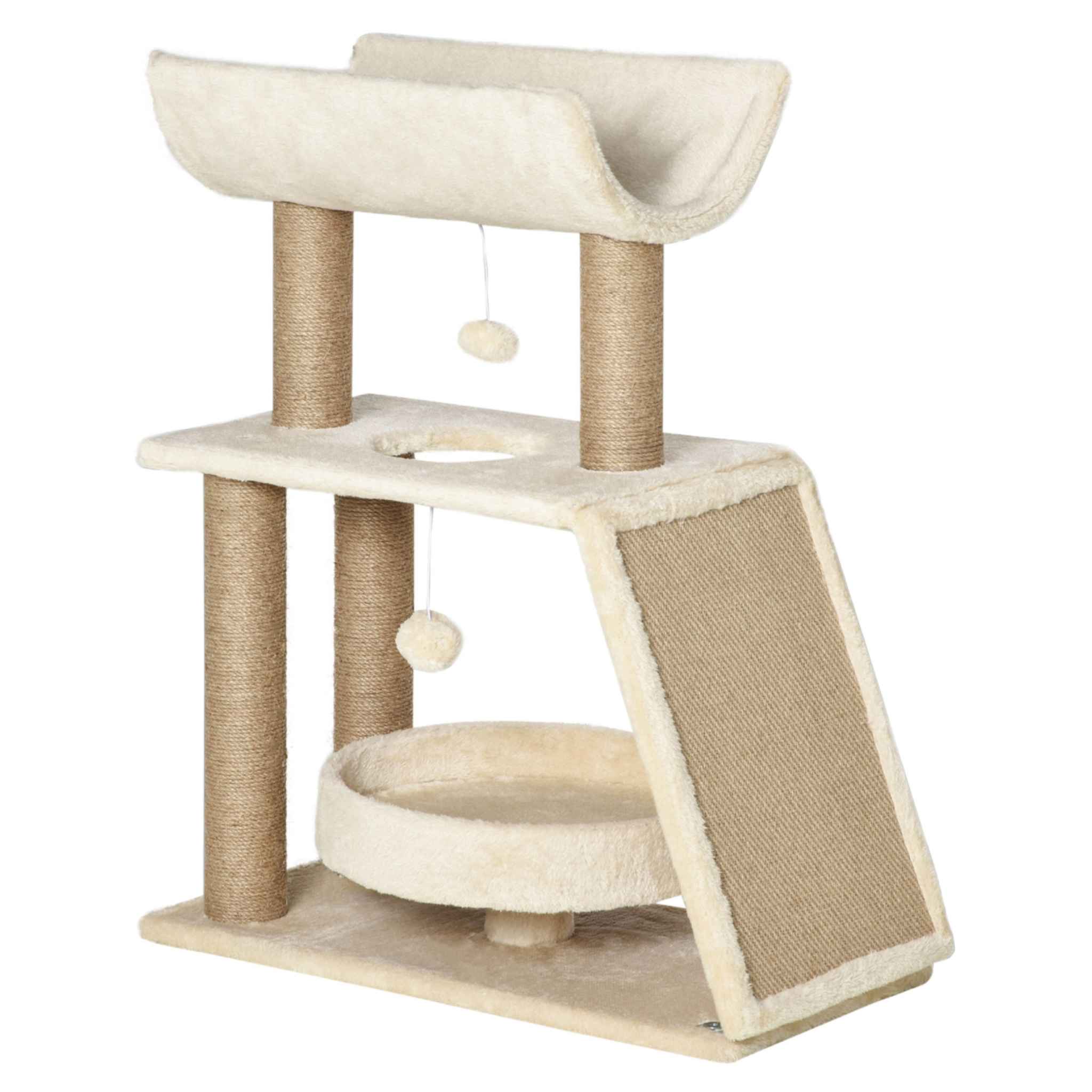 A multi-level cat tree with a cream-colored plush hammock, jute-wrapped scratching posts, a scratching panel, a circular cat bed, and dangling toy balls