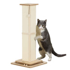 A cat stands on its hind legs beside a tall sisal rope cat scratching post with a wooden top and base
