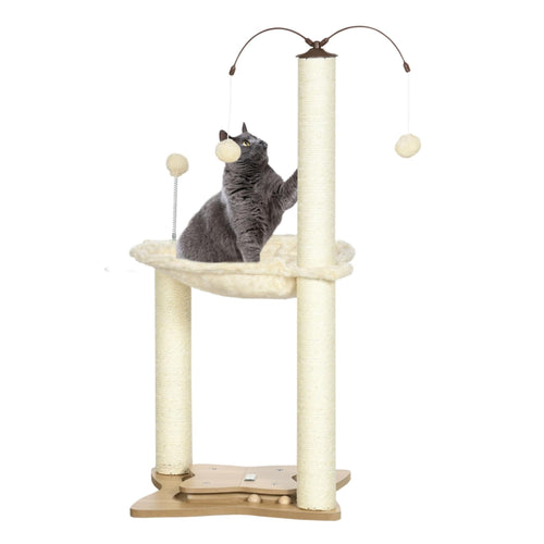 90cm tall cat tree with scratching post cream plush fabric sisal rope