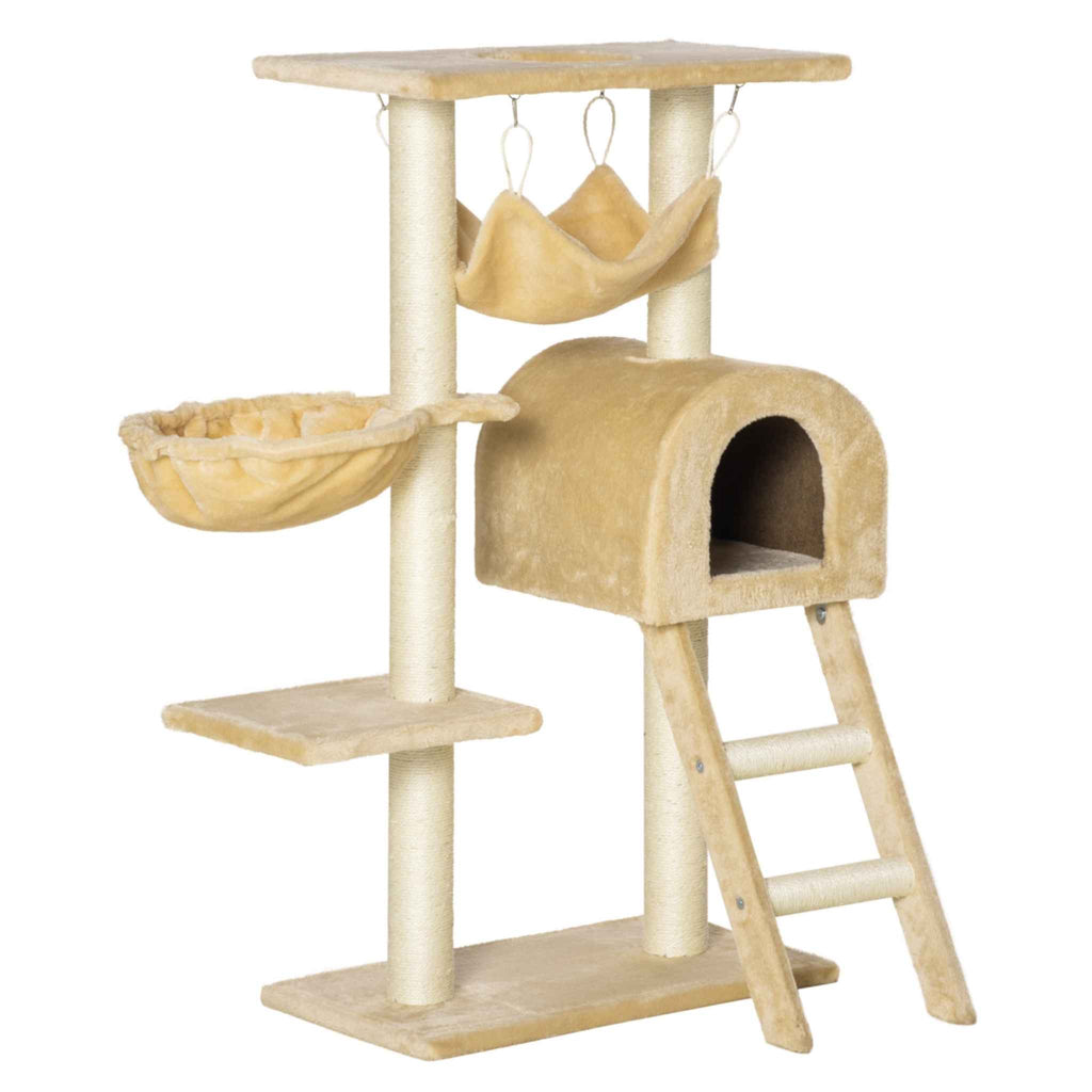 A multi-level cat tree in beige fabric and sisal rope, featuring a top platform, two hanging fabric hammocks, a climbing ladder, and a small enclosed cat house.