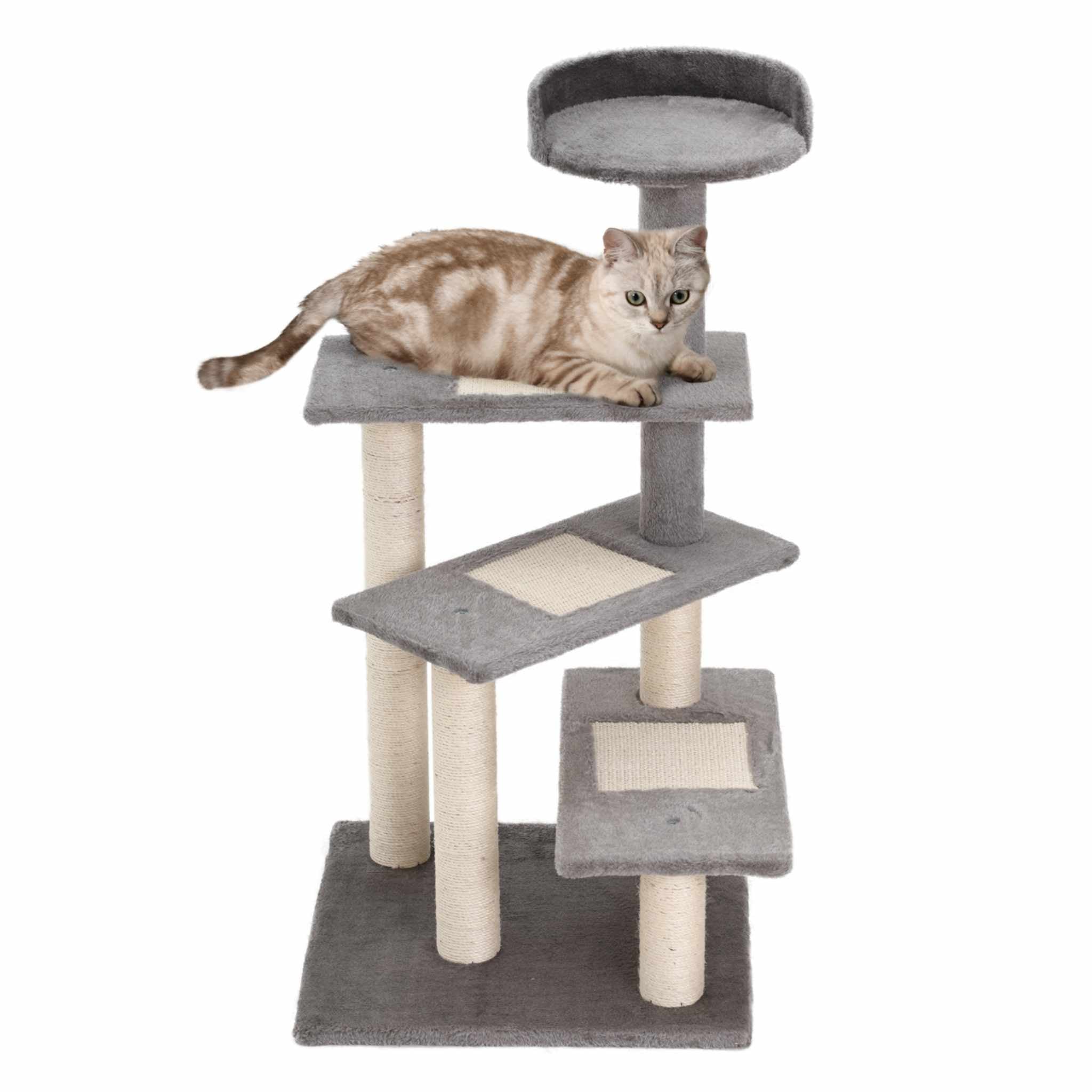 99cm tall cat tree tower grey plush fabric & sisal rope posts