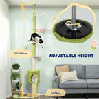 Adjustable height dimensions for green and pink floor to ceiling cat tree