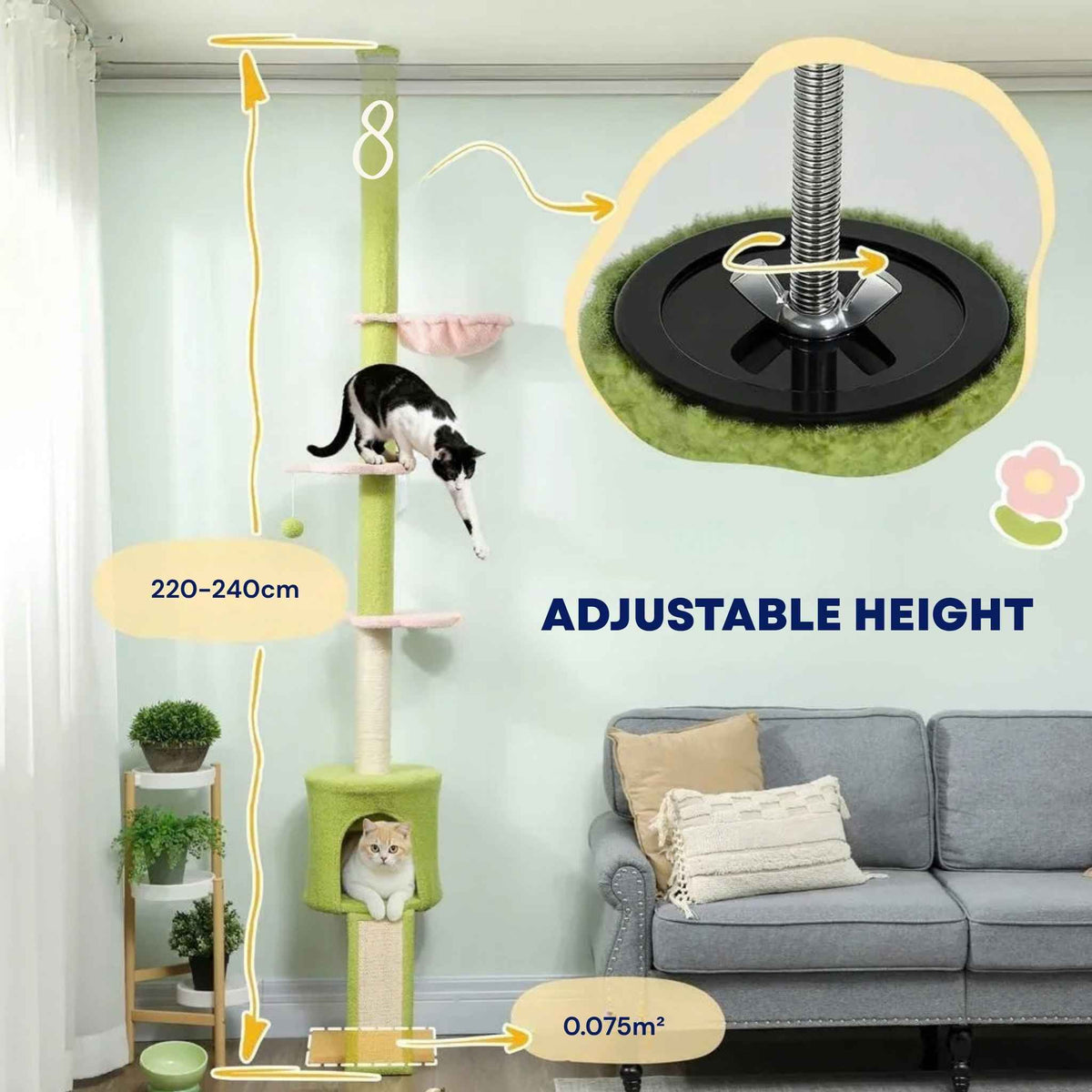 Adjustable height dimensions for green and pink floor to ceiling cat tree