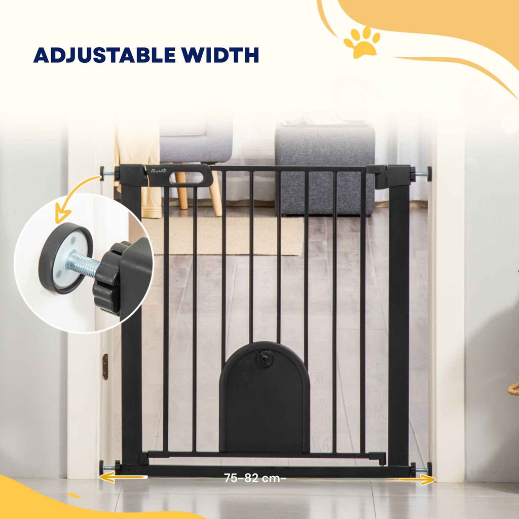 Adjustable width explained on narrow black dog gate with cat door