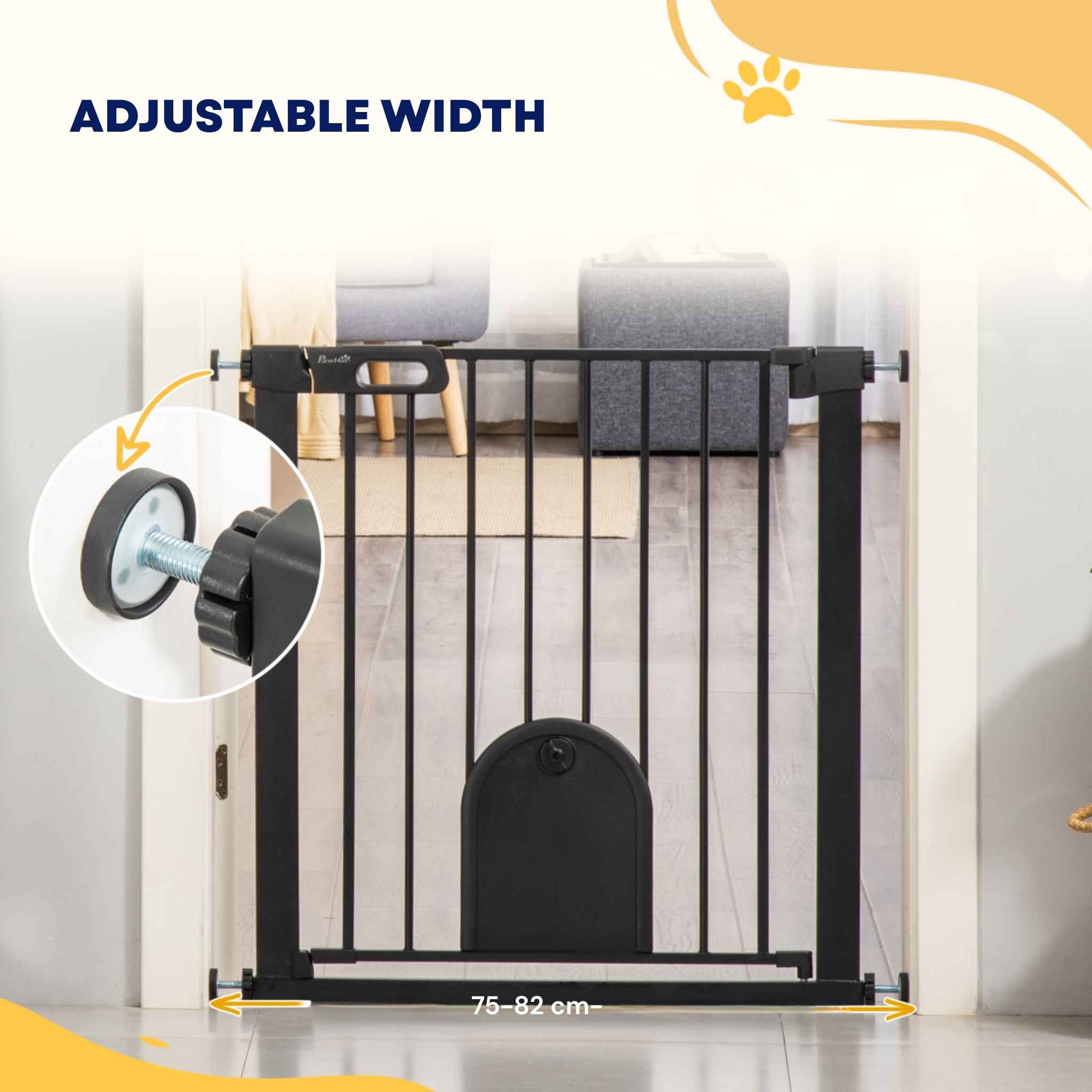 Adjustable width explained on narrow black dog gate with cat door