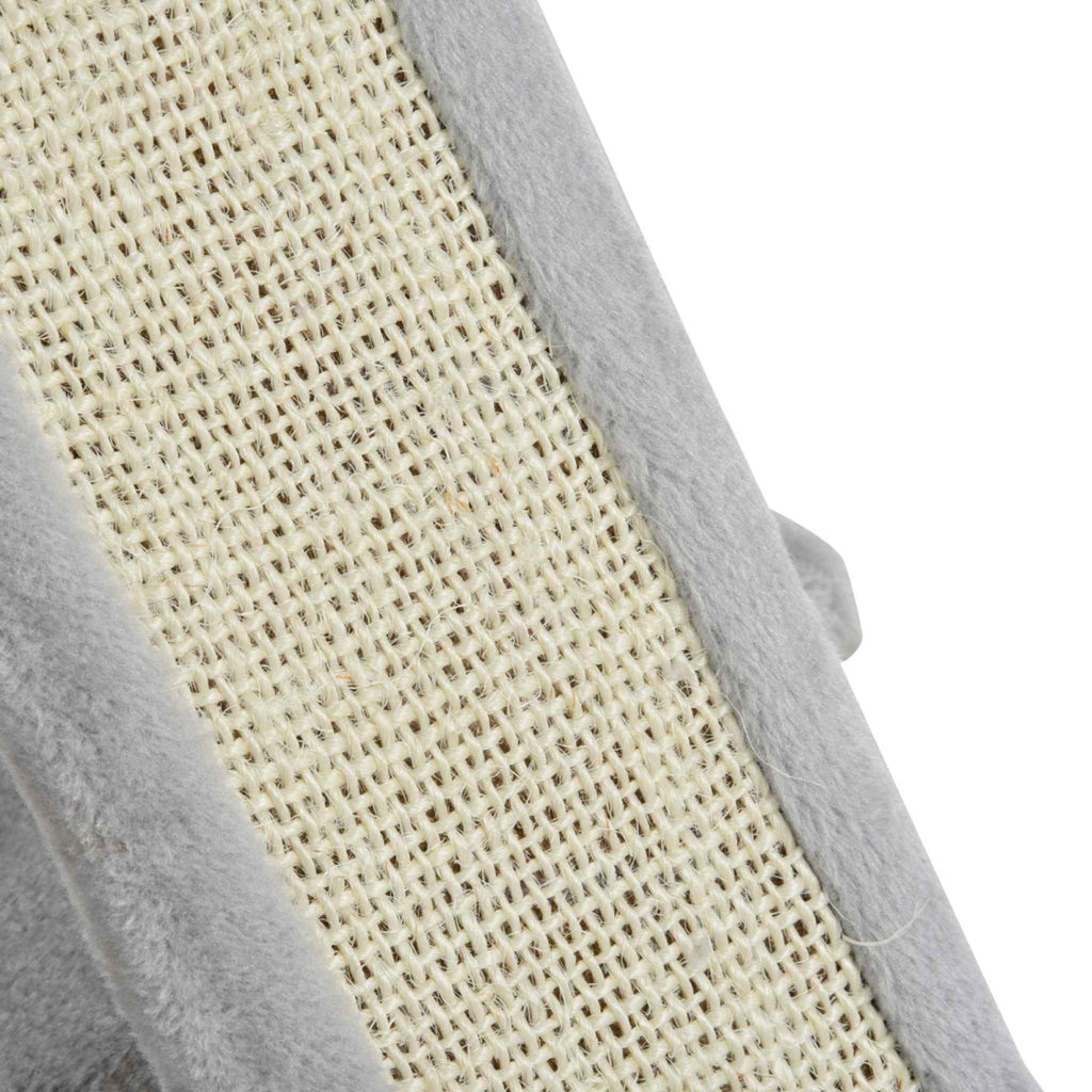 Angled sisal rope scratching surface on grey cat tree