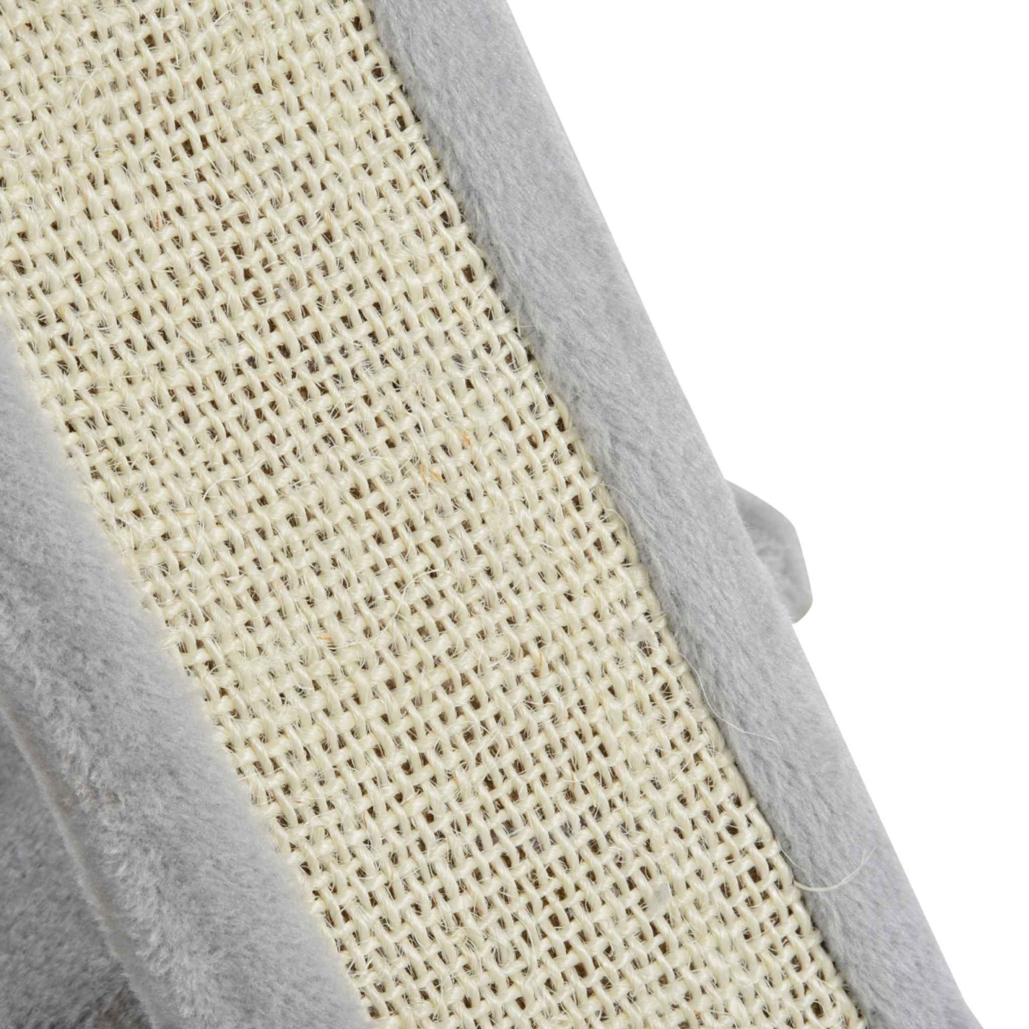 Angled sisal rope scratching surface on grey cat tree