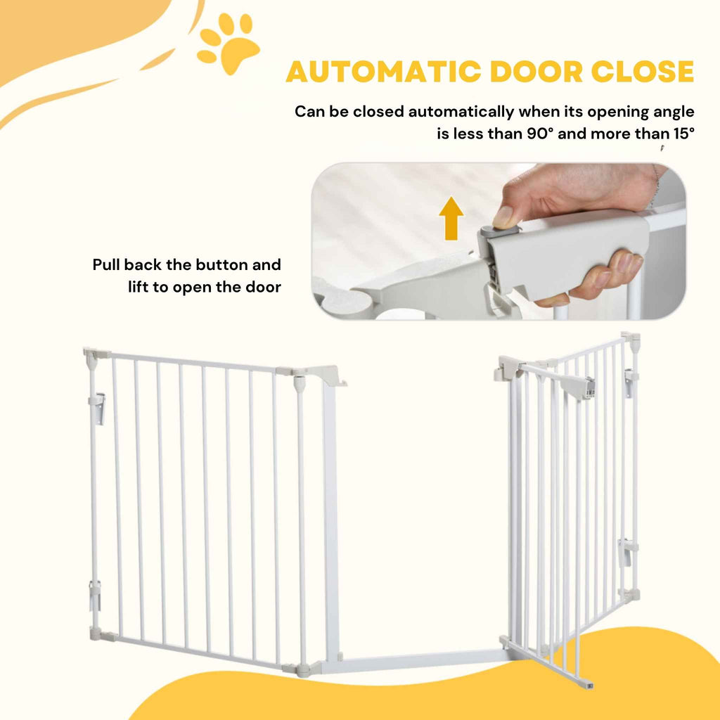 Auto close function for white metal freestanding pet barrier