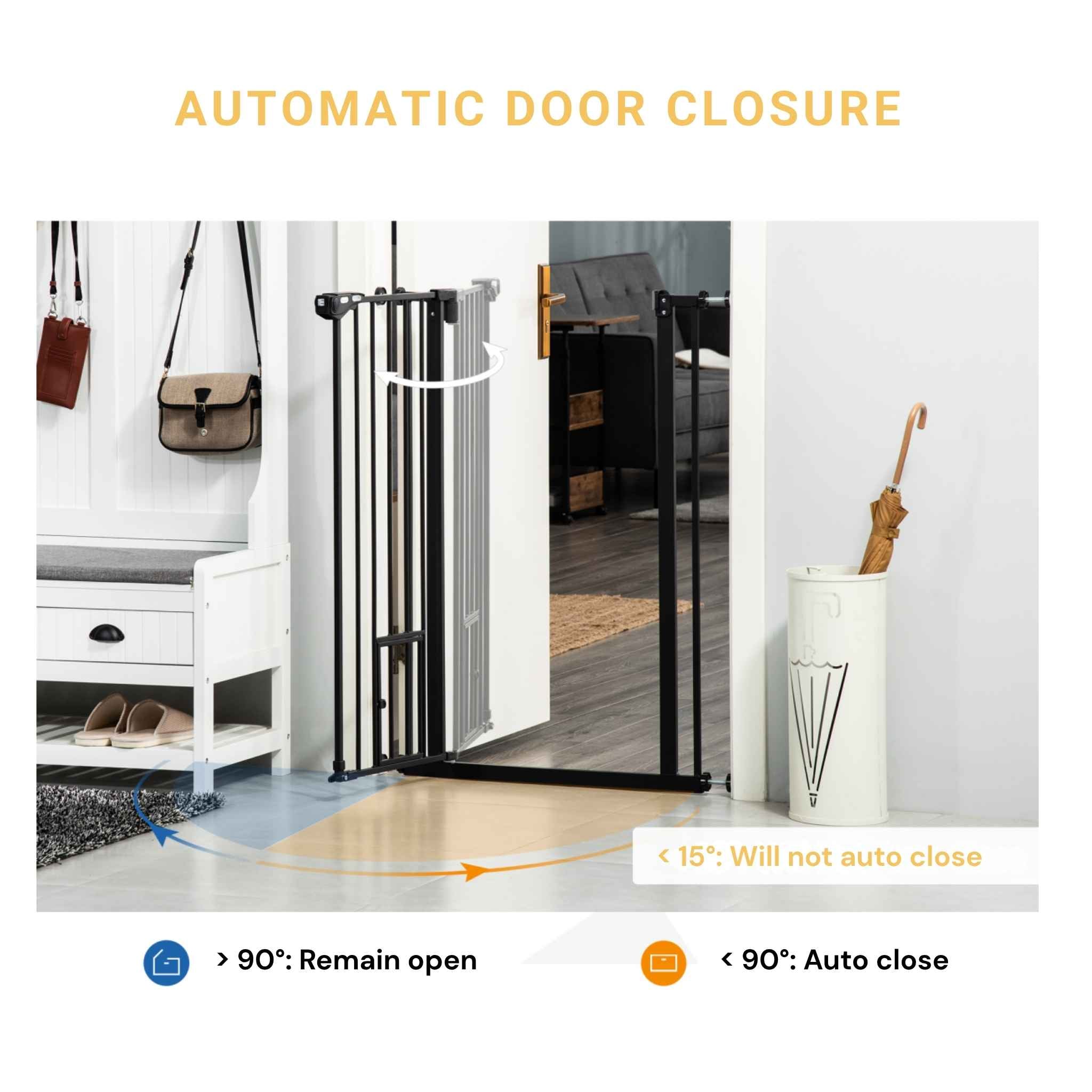 Auto close system for black extra tall pet gate