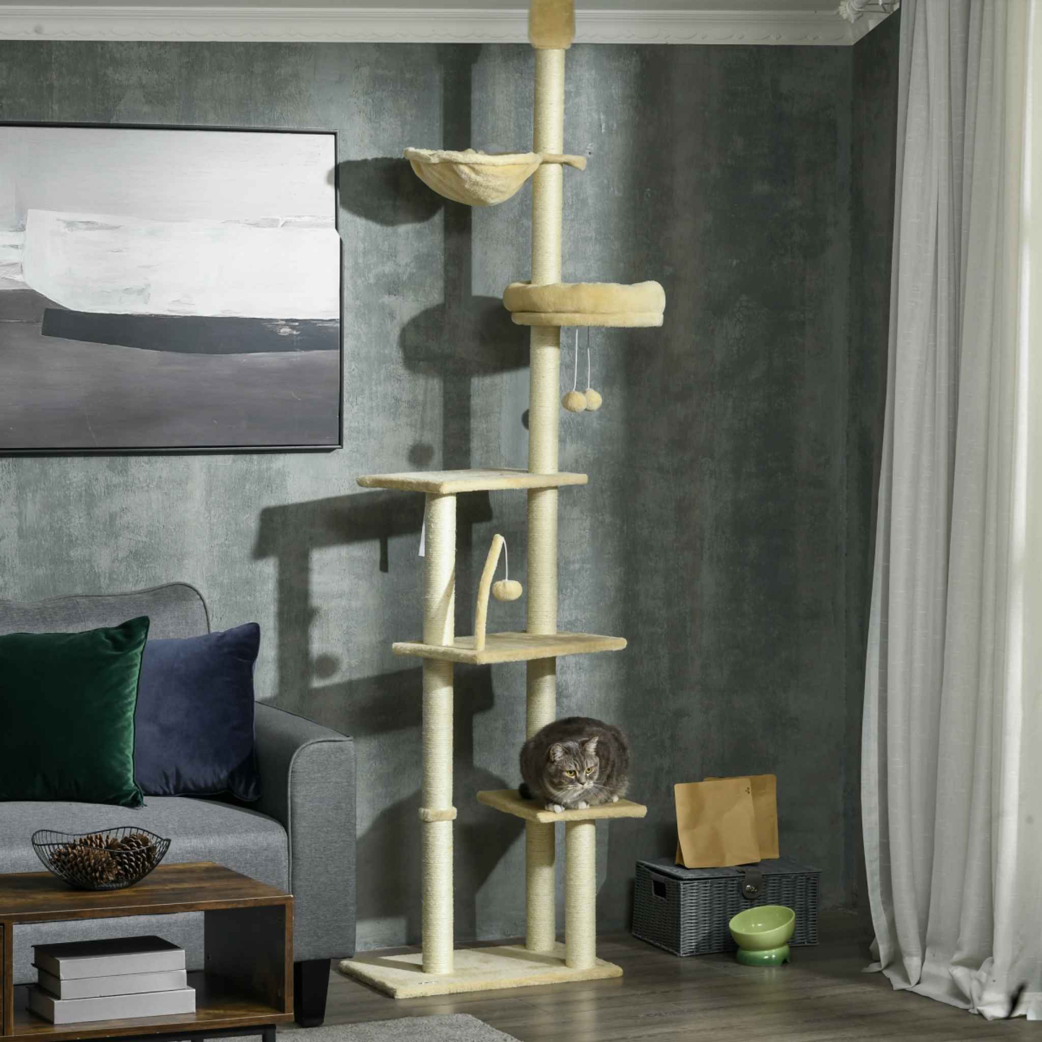 Beige 250cm tall cat tree in living room