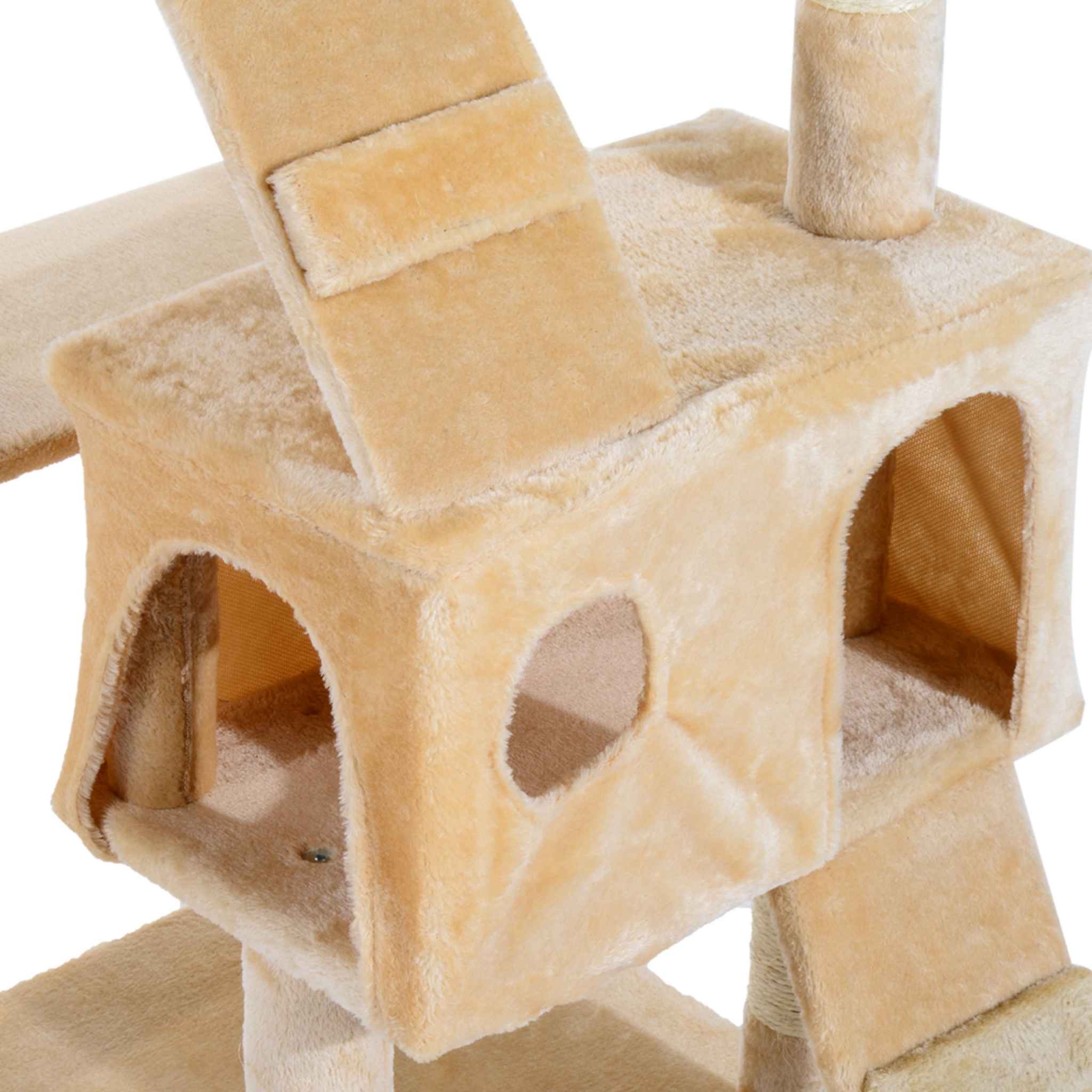 Beige cat house on cat tree