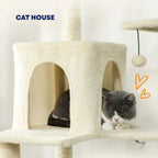 Beige cat house on large cat tree