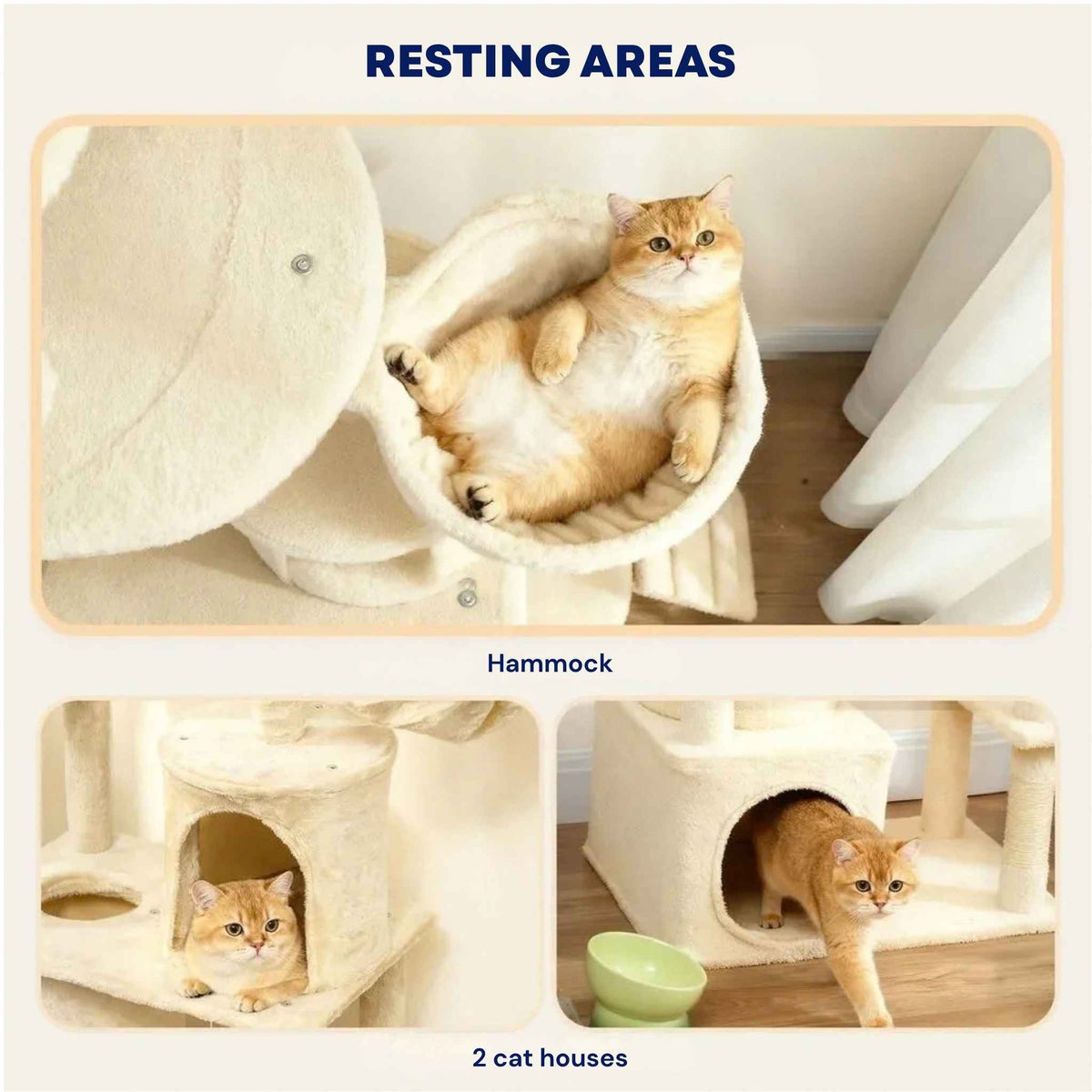 Beige cat tree resting areas