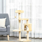 Beige multi level cat tree in living room with cat sitting in cat house