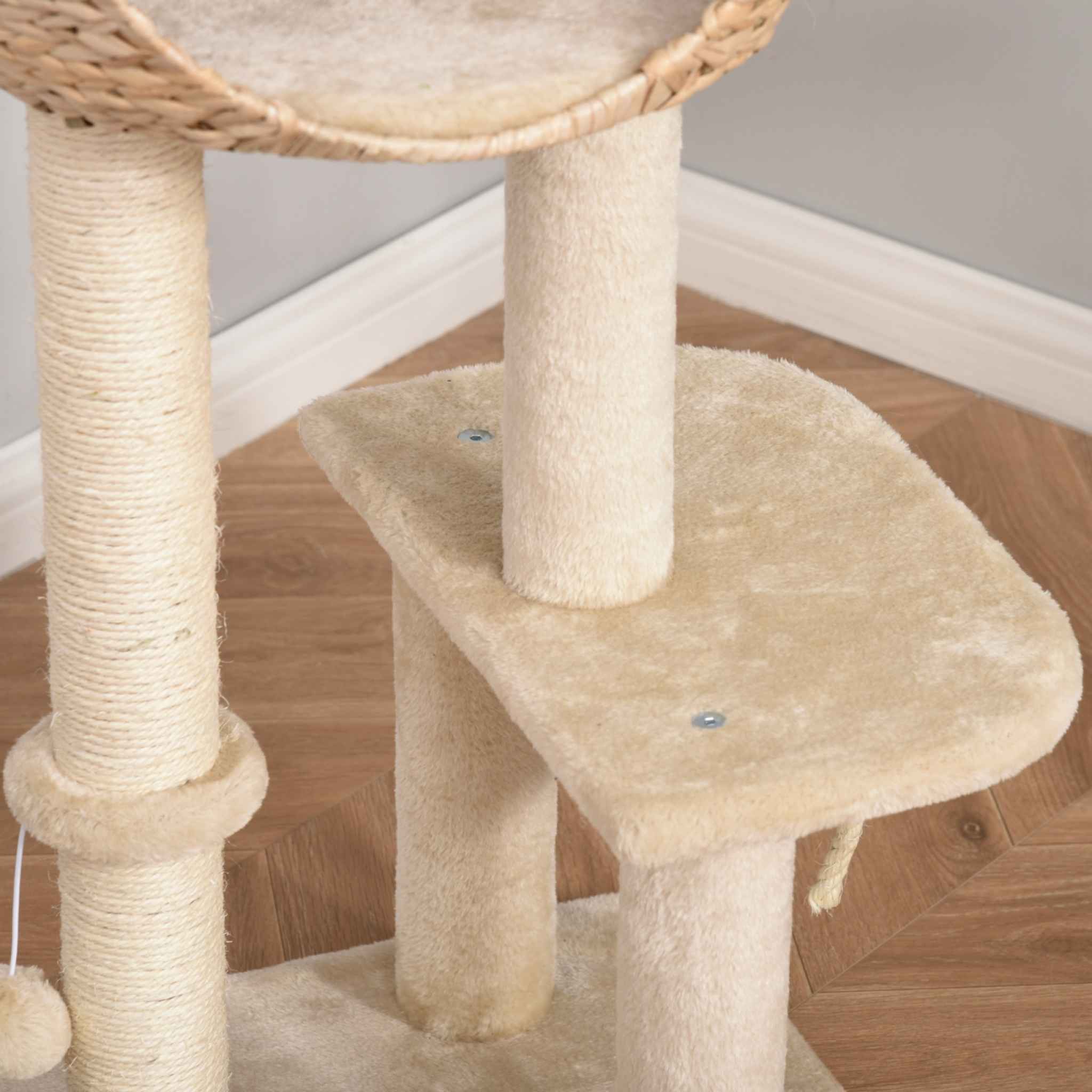 Beige plush fabric cat tree platform