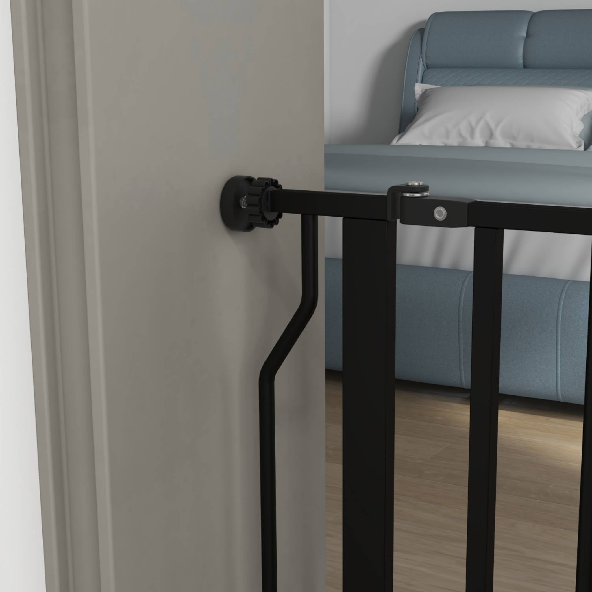 Black dog gate pressure fit in door frame