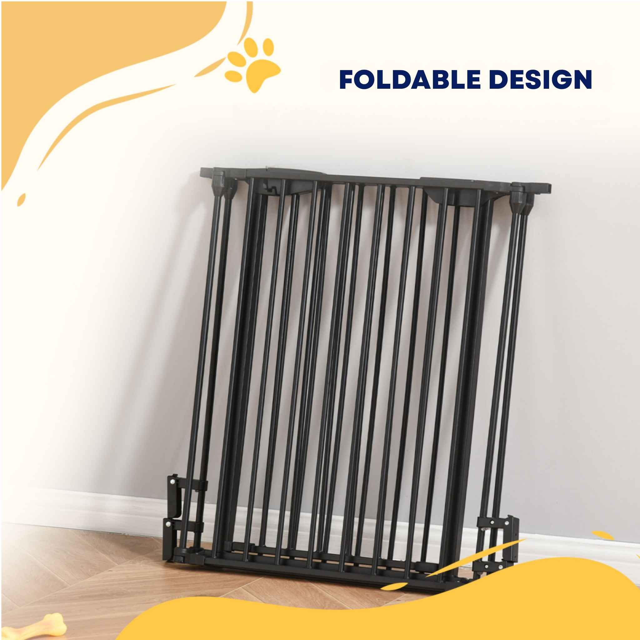 Black freestanding pet gate folded and stored