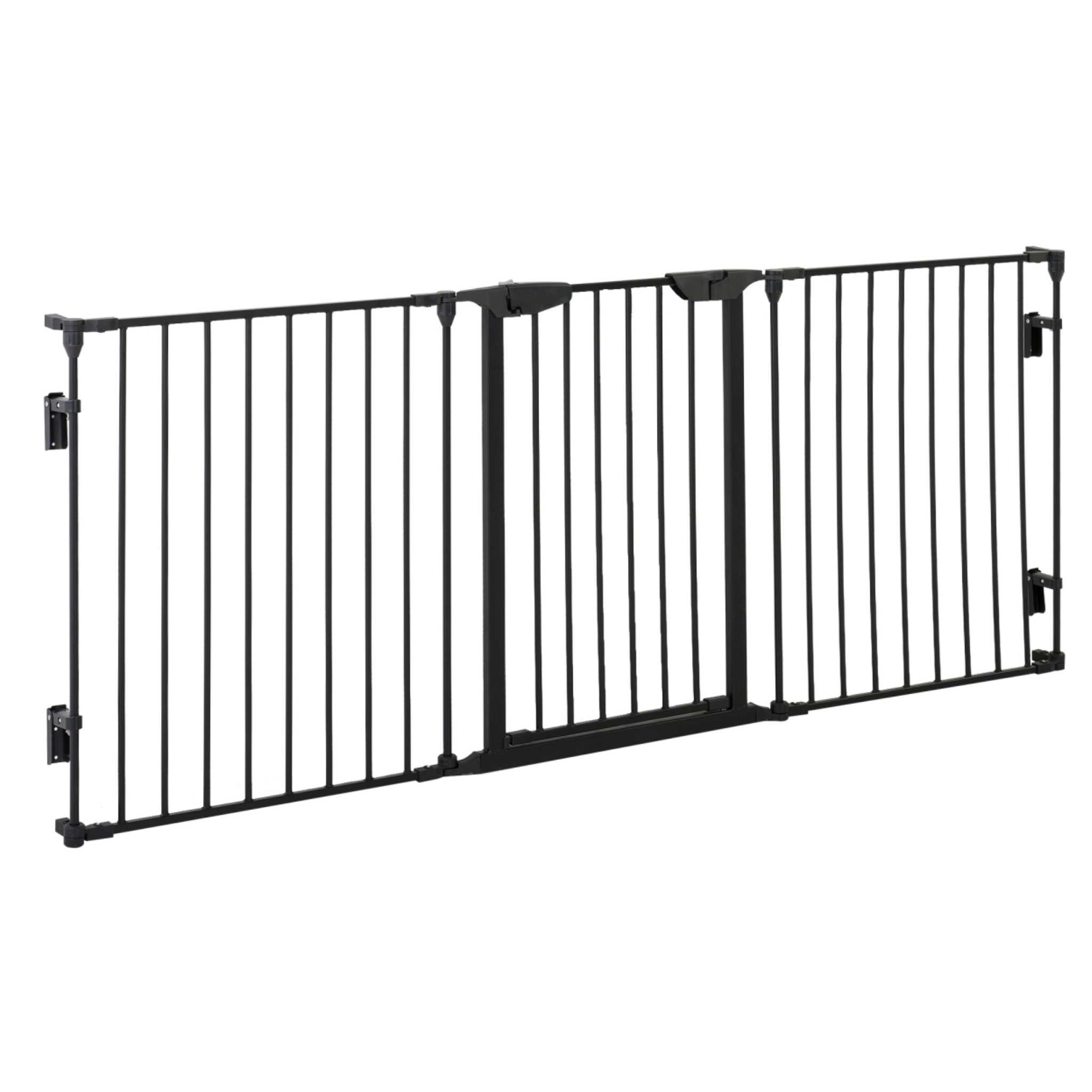 Black freestanding pet gate in flat configuration