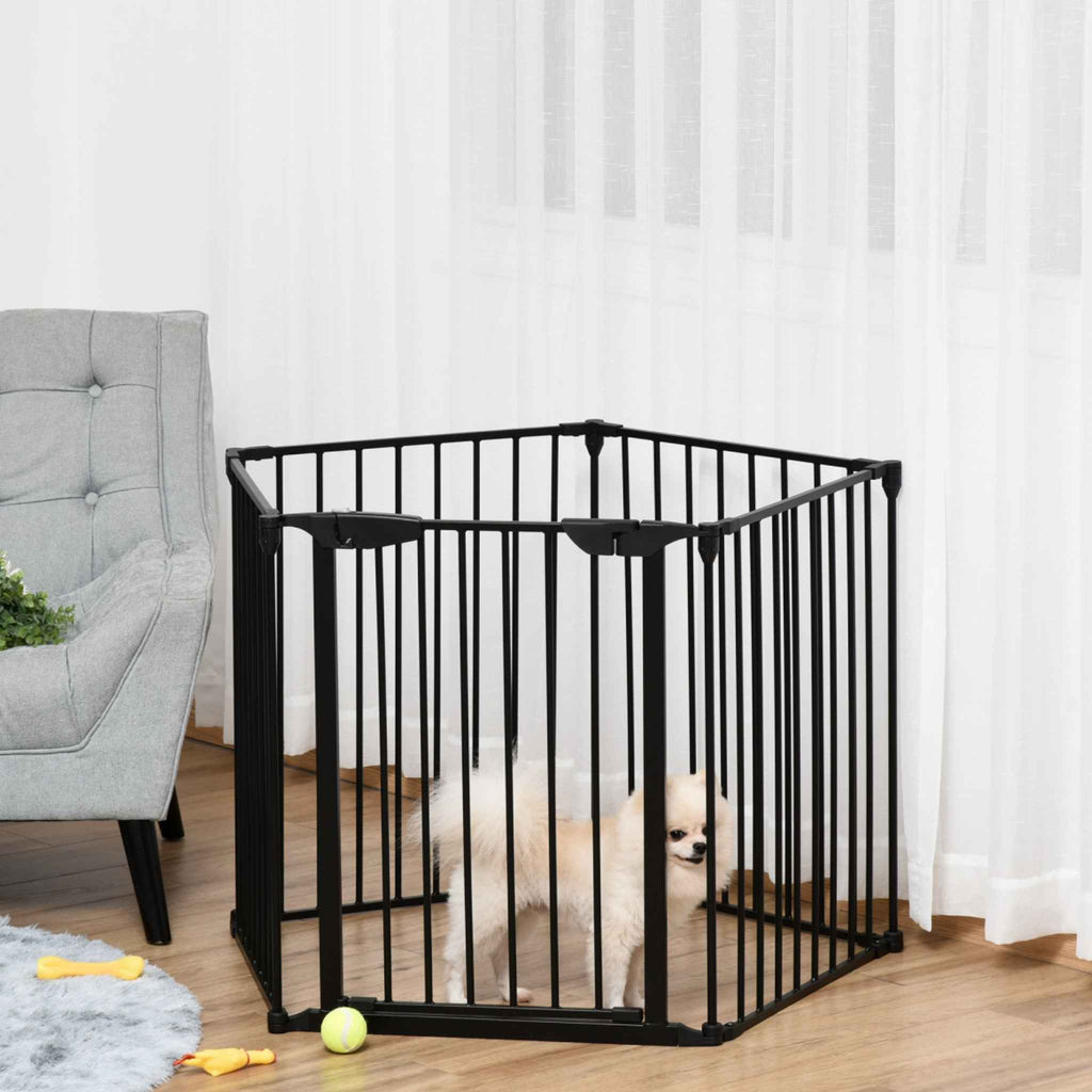 Black metal dog pen in living room