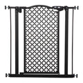 Black metal narrow pet gate with decorative centre panel
