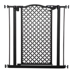 Black metal narrow pet gate with decorative centre panel