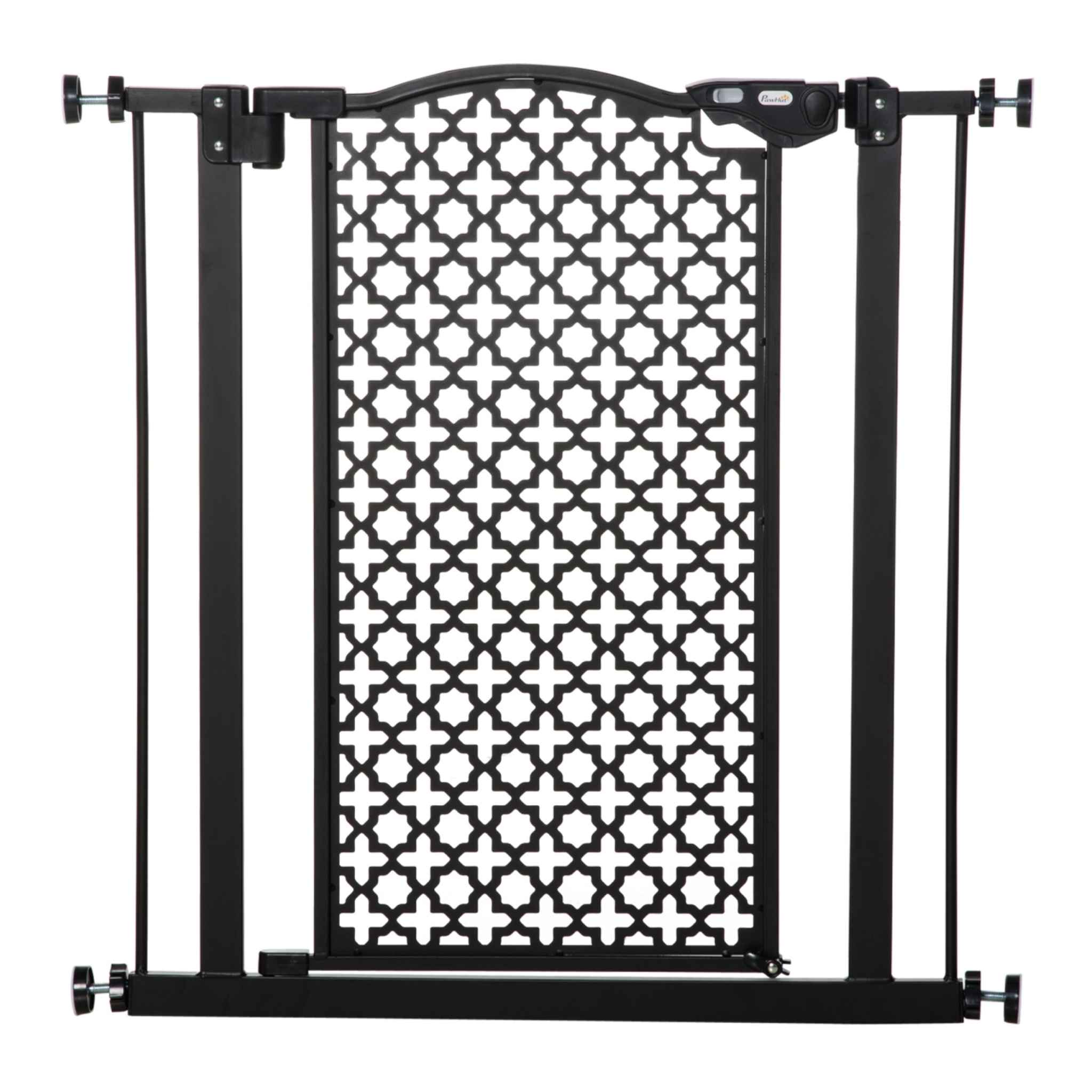 Black metal narrow pet gate with decorative centre panel