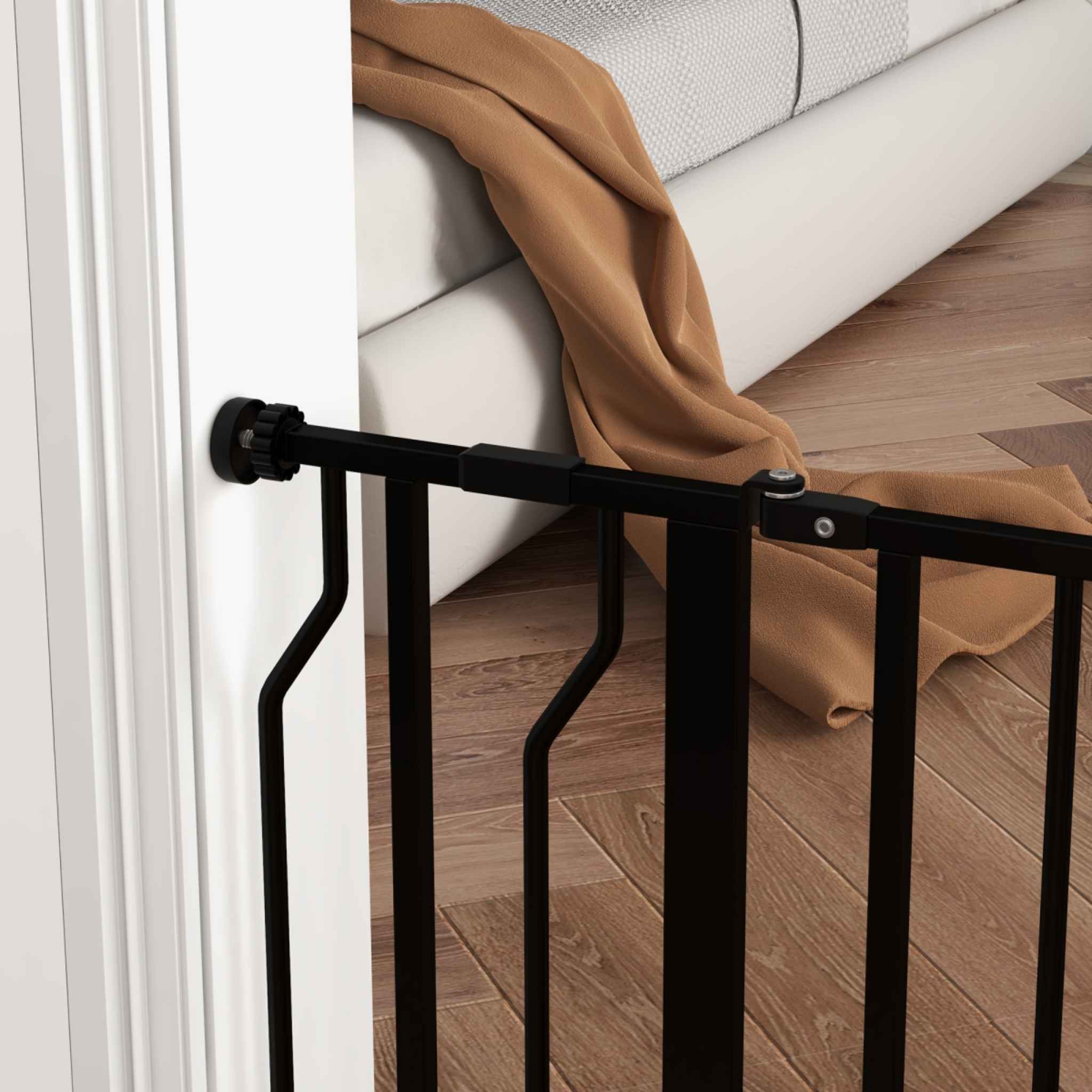 Black pet gate pressure fitted in door frame