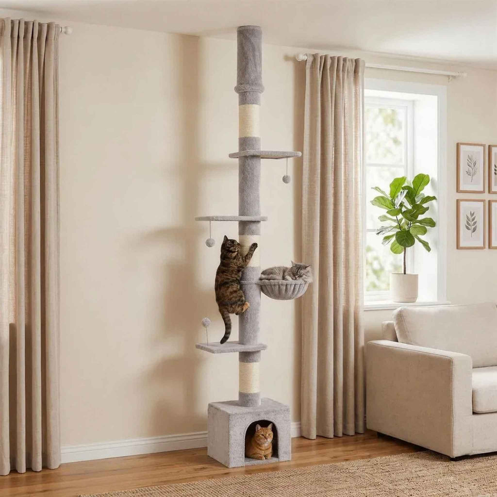 Cat climbing floor to ceiling cat tree in living room