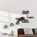 Cat climbing a wall-mounted cat tree in a living room
