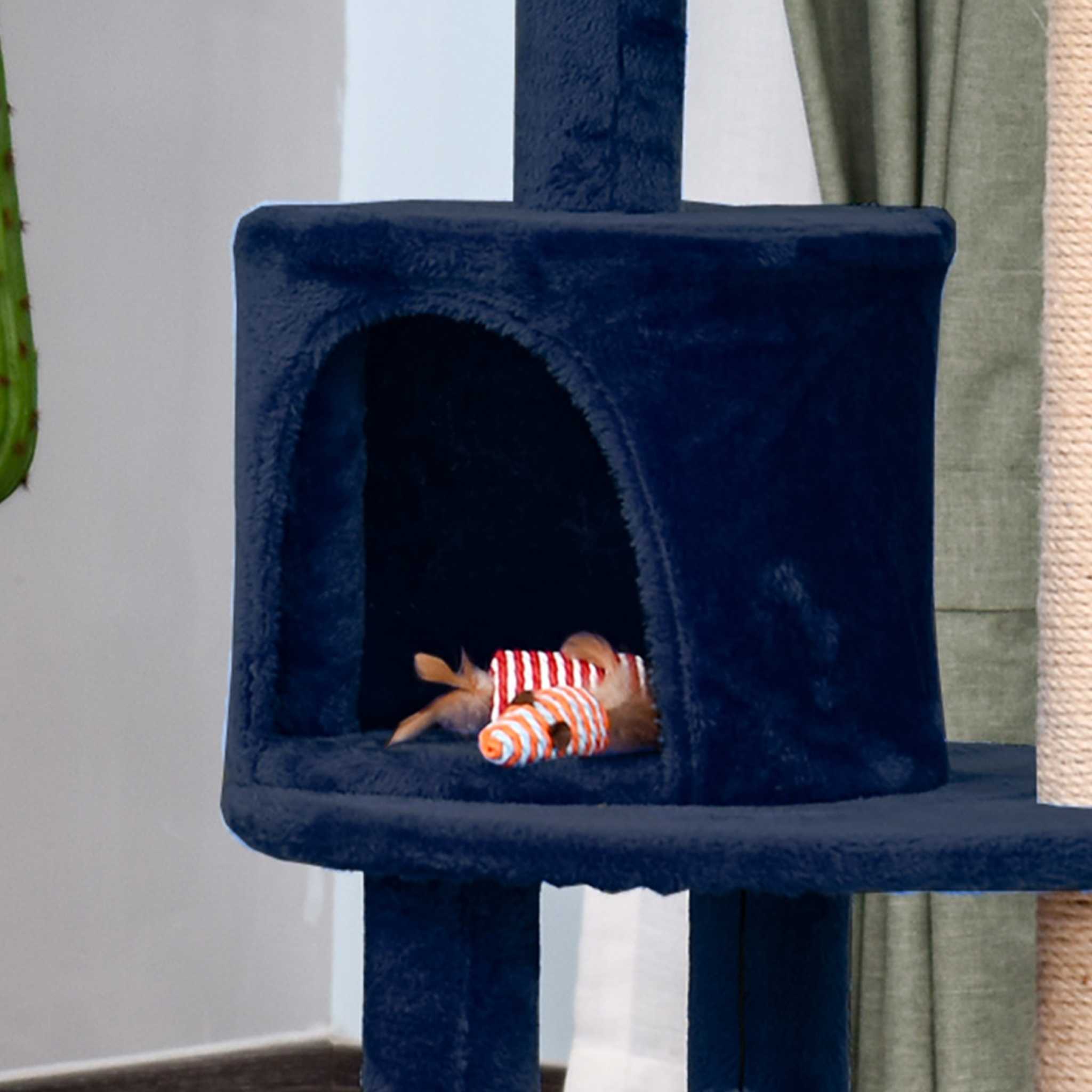 Cat house on blue cat tower