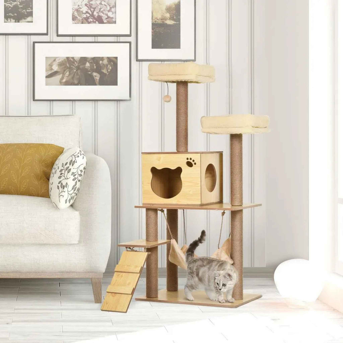 Cat investigating wooden effect cat tower in living room