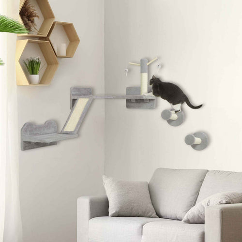 Cat jumping on wall mounted scratcher