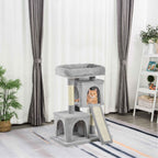 Cat laying in second house in grey cat tree