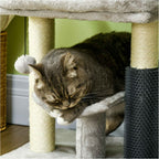 Cat laying on small cat tree perch