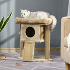 Cat laying on top level of beige cat tree